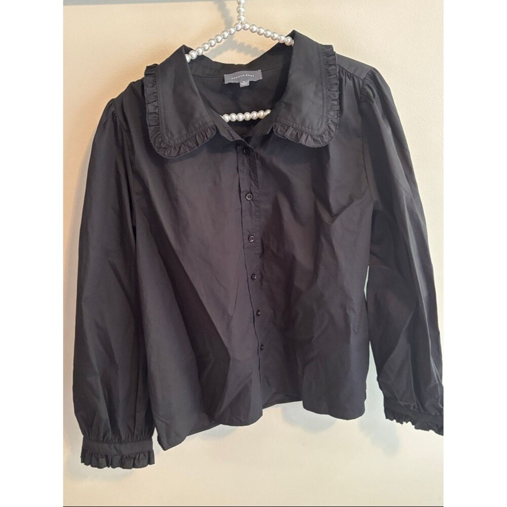 NEW Hudson Gray Black Ruffle Collar Button-Up Blouse xl